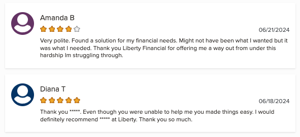 Picture of positive 4 and 5 star Liberty First Lending reviews.