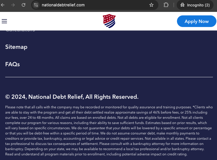 National Debt Relief Disclaimer language